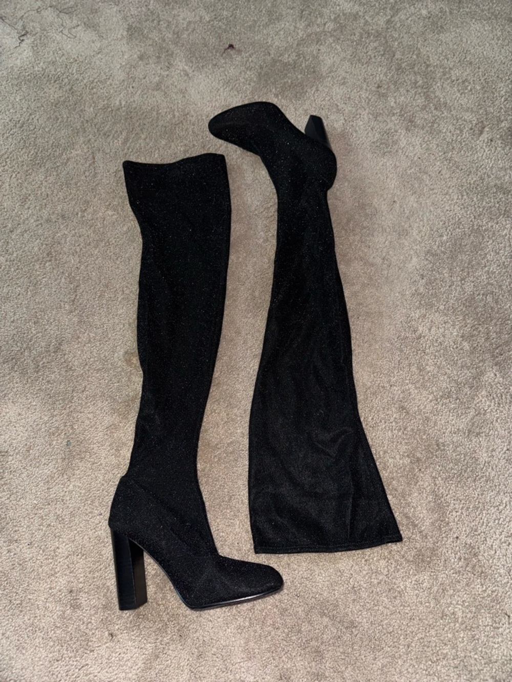 Over‑The‑Knee Black Sparkle Block Heel Boots